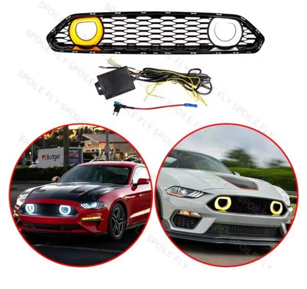 Ford Mustang S550 (2018–2023) Mach 1 Style Racing Front Bumper Grille – With DRL & Turn Signal Halo Lights - Image 6