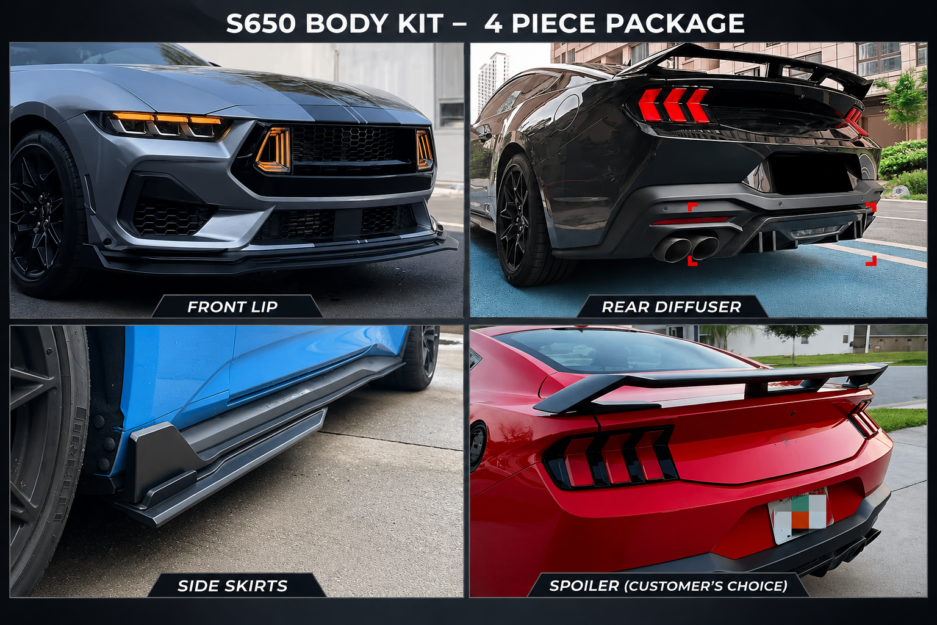Mustang S650 dark horse body kit package Ford Mustang 2024 full body kit gloss black Mustang S650 front lip side skirts diffuser spoiler kit Dark Horse style body kit Mustang S650 Mustang S650 complete styling package