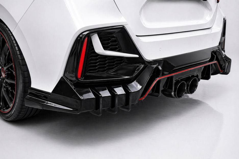 Honda Civic FK7 rear diffuser gloss black installed rear view