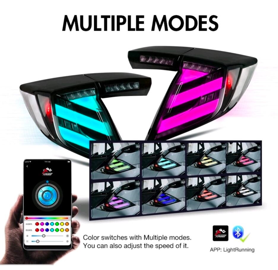 Honda Civic 10th Gen Hatchback RGB smoked tail lights FK7 RS 2016 to 2021 app controlled colour changing rear lights