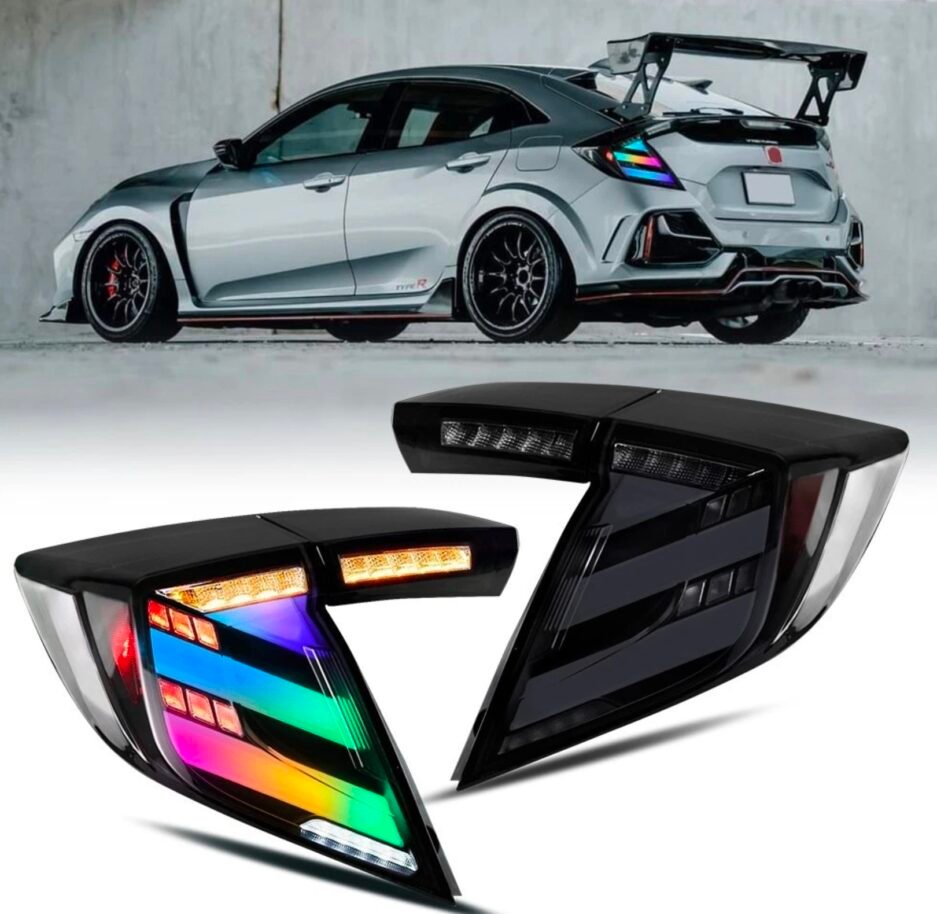 Honda Civic 10th Gen Hatchback RGB smoked tail lights FK7 RS 2016 to 2021 app controlled colour changing rear lights
