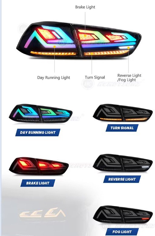 Mitsubishi Lancer RGB animation DRL tail lights 2007–2018 smoked rear lamps installed rear view