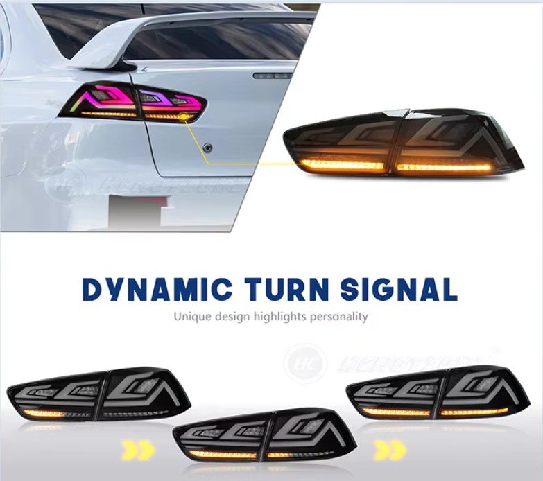 Mitsubishi Lancer RGB animation DRL tail lights 2007–2018 smoked rear lamps installed rear view