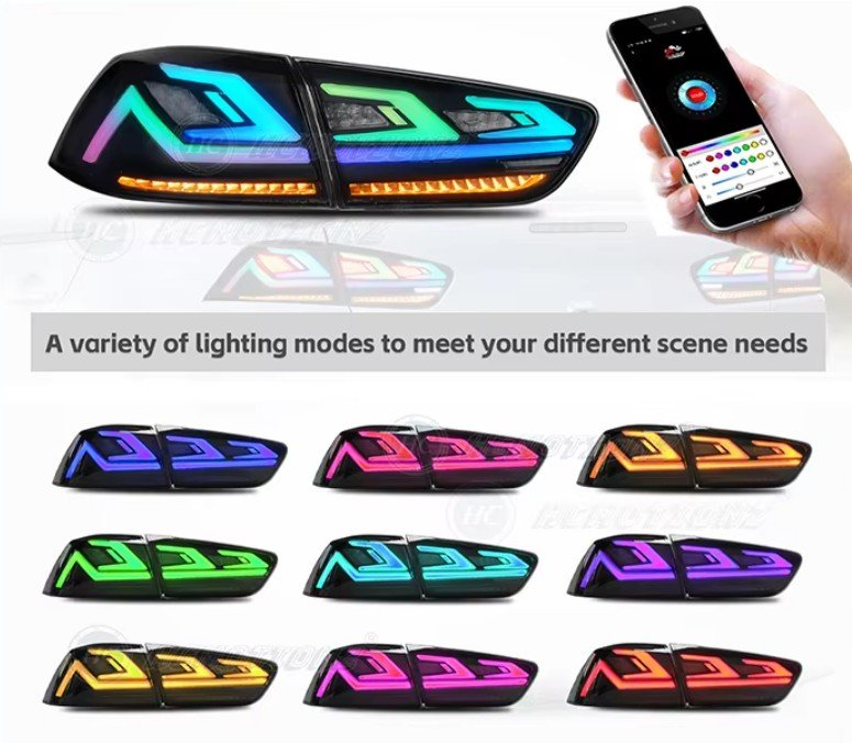 Mitsubishi Lancer RGB animation DRL tail lights 2007–2018 smoked rear lamps installed rear view