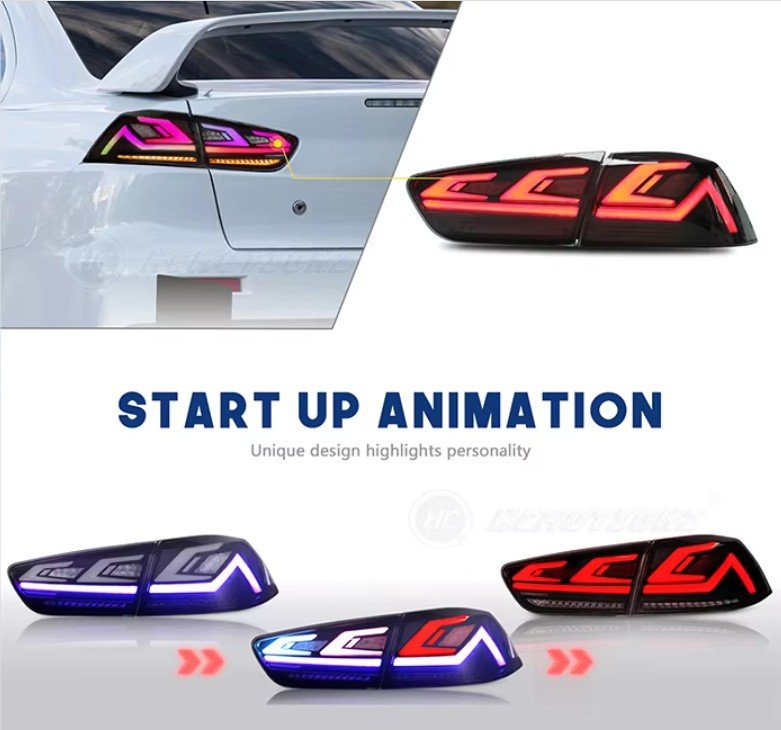Mitsubishi Lancer RGB animation DRL tail lights 2007–2018 smoked rear lamps installed rear view