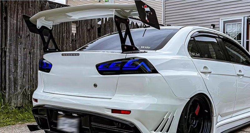 Mitsubishi Lancer RGB animation DRL tail lights 2007–2018 smoked rear lamps installed rear view