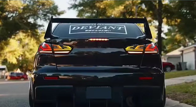 Mitsubishi Lancer RGB animation DRL tail lights 2007–2018 smoked rear lamps installed rear view