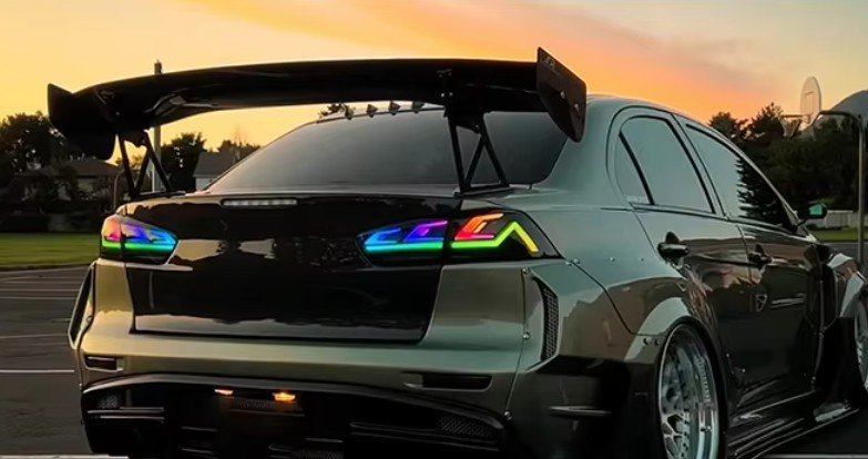 Mitsubishi Lancer RGB animation DRL tail lights 2007–2018 smoked rear lamps installed rear view