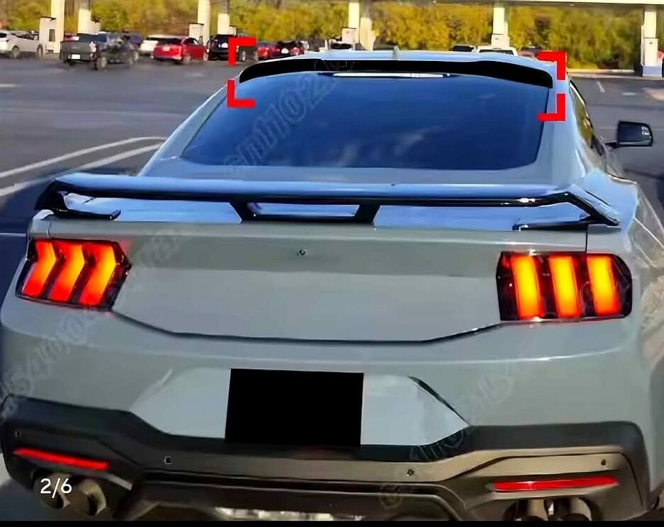 Ford Mustang S650 gloss black roof spoiler installed