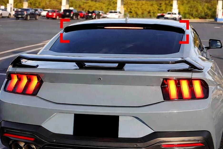 Ford Mustang S650 gloss black roof spoiler installed