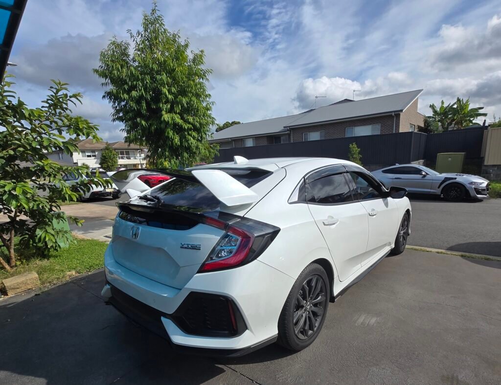 Honda Civic 10th Gen Hatchback Type R style rear spoiler white and gloss black 2016–2021 FK7 RS rear wing
