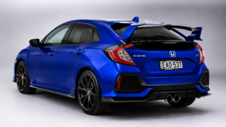 Honda Civic 10th Gen Hatchback TypeR Spoiler Blue and gloss Black Side View
