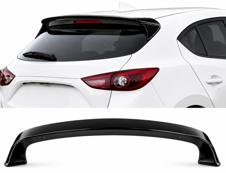 Mazda 3, Mazda Axela, Mazda 3 BM, Mazda 3 BN, Mazda Axela BM, Mazda Axela BN, Mazda 3 3rd Gen, Mazda 3 Hatchback, Mazda Axela Hatchback, Roof Spoiler, Rear Roof Spoiler, Gloss Black Roof Spoiler, ABS Roof Spoiler, Mazda Styling Accessories, Exterior Styling, Hatchback Spoiler, OEM Plus Styling, Style My Car