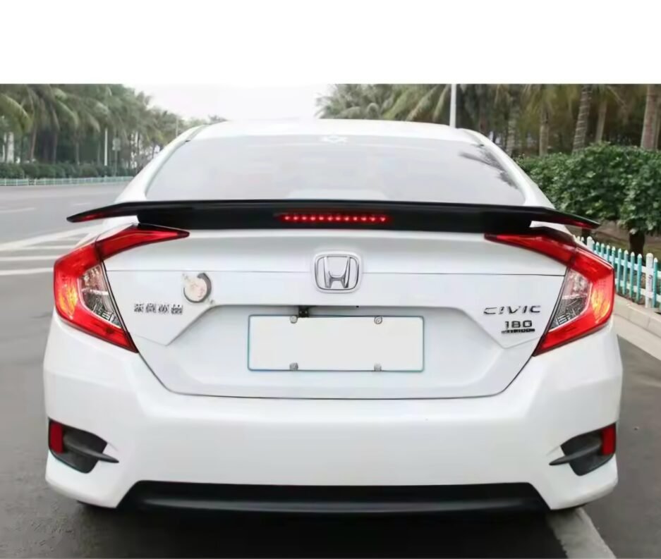 Honda Civic 10th Gen Sedan Sports Rear Spoiler with Integrated LED Brake Light Gloss Black 2016-2021 Rear View